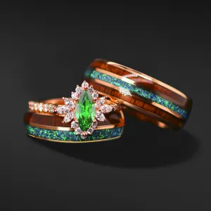 EMERALD FOREST - Lab Emerald and 1/2 CTW Natural Diamonds, Opal & Wood | 14K Gold & Tungsten Wedding Ring Set | Made to Order