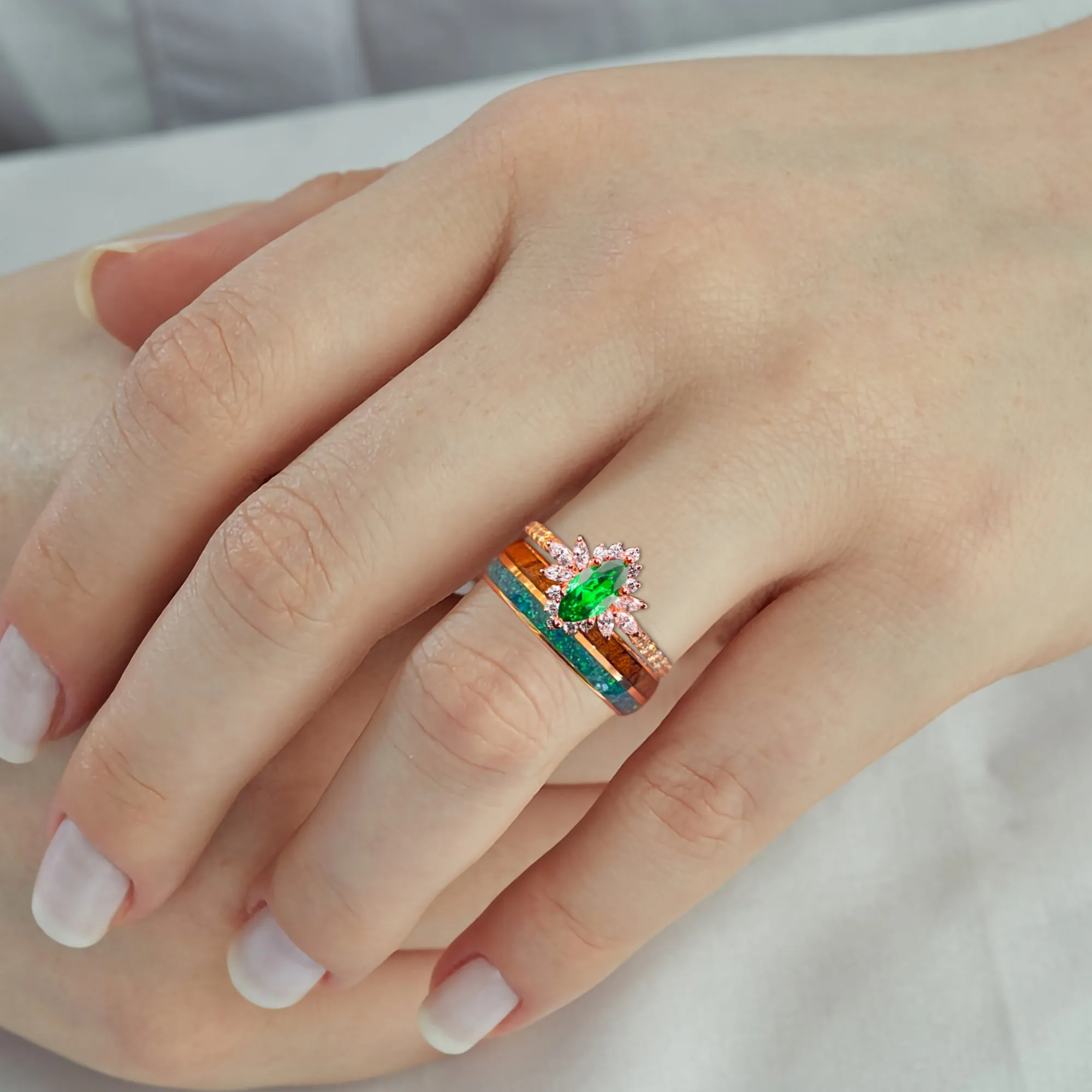 EMERALD FOREST - Lab Emerald and 1/2 CTW Natural Diamonds, Opal & Wood | 14K Gold & Tungsten Wedding Ring Set | Made to Order