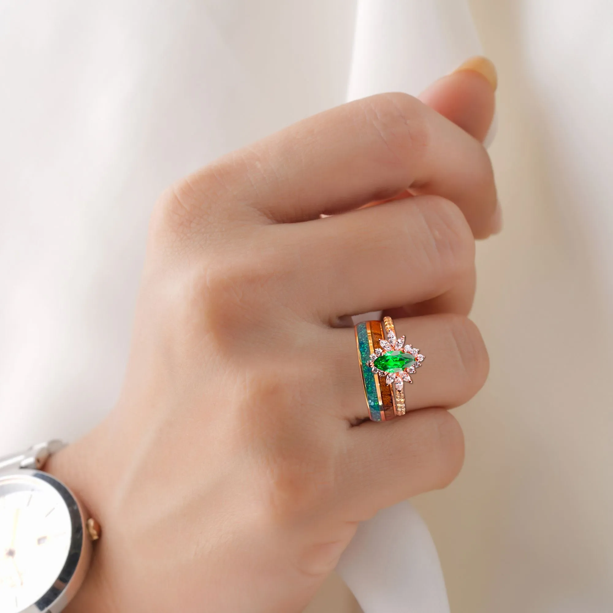 EMERALD FOREST - Lab Emerald and 1/2 CTW Natural Diamonds, Opal & Wood | 14K Gold & Tungsten Wedding Ring Set | Made to Order
