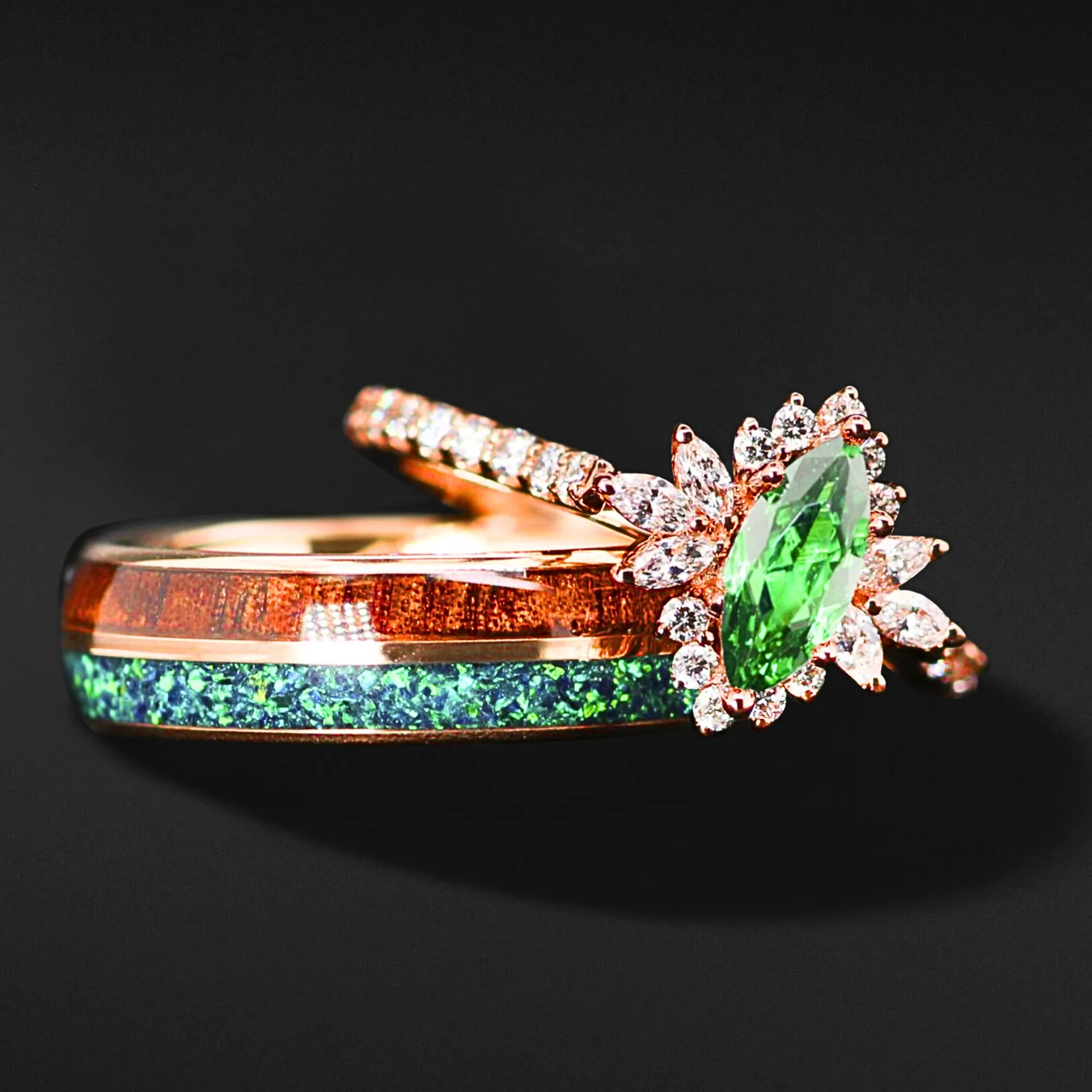 EMERALD FOREST - Lab Emerald and 1/2 CTW Natural Diamonds, Opal & Wood | 14K Gold & Tungsten Wedding Ring Set | Made to Order