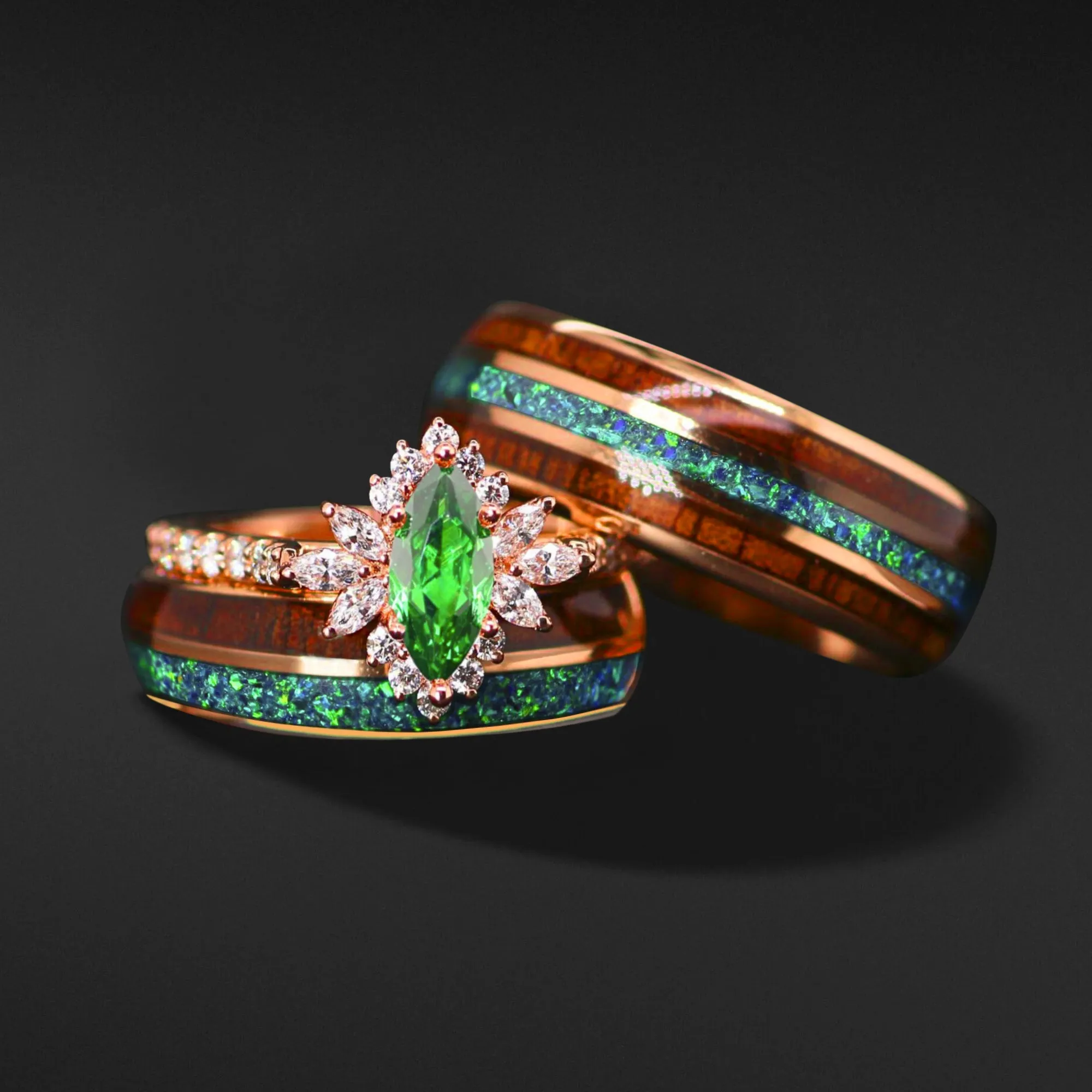 EMERALD FOREST - Lab Emerald and 1/2 CTW Natural Diamonds, Opal & Wood | 14K Gold & Tungsten Wedding Ring Set | Made to Order