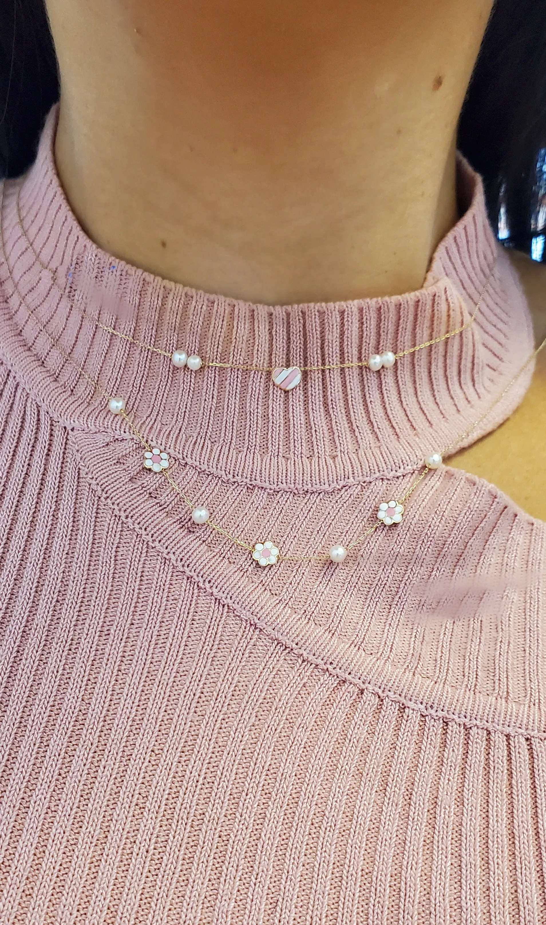 Enamel Heart Necklace with Pearls