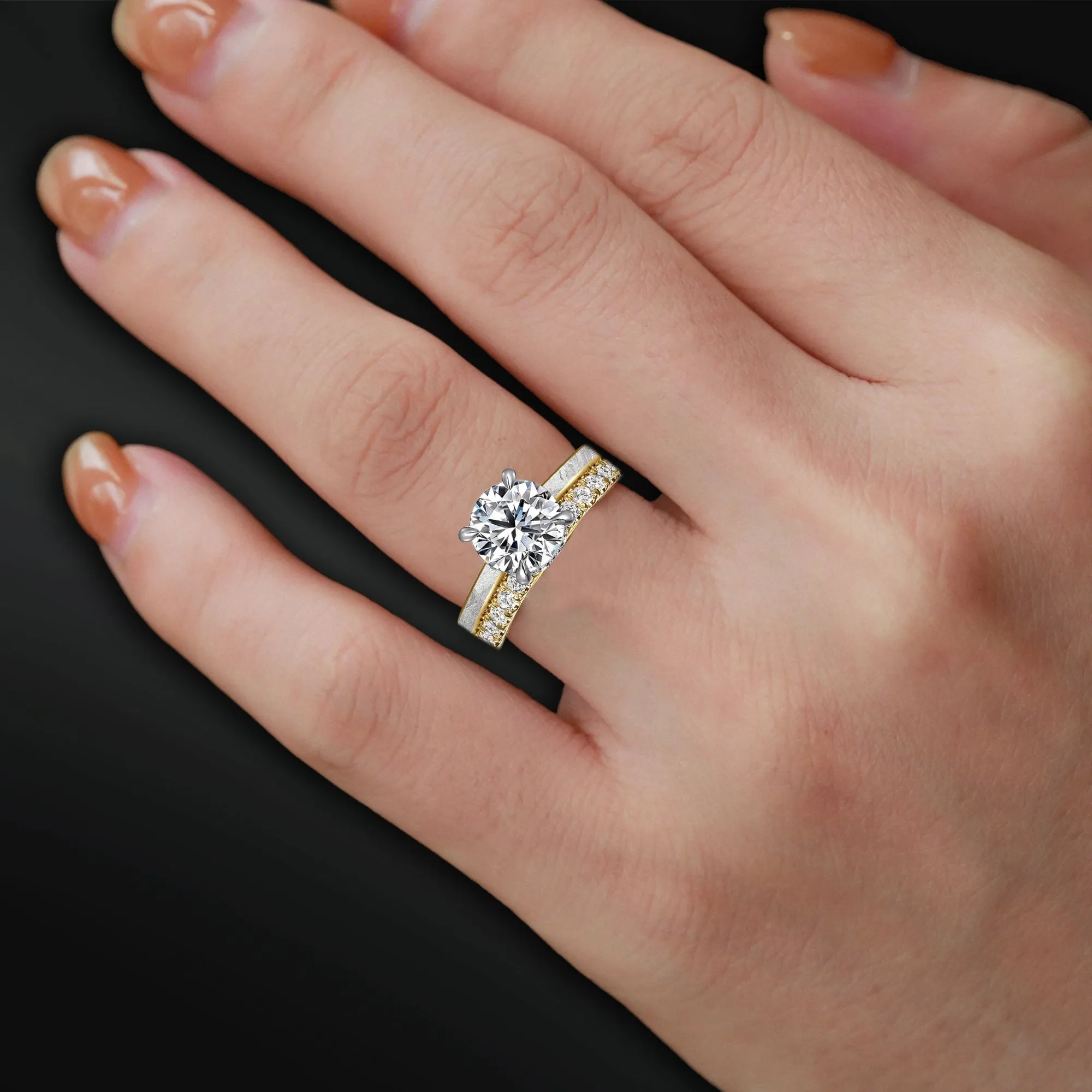 Eternal Orbit - Meteorite & Moissanite Engagement Ring Set | 14K Gold or Sterling silver, Cosmic Elegance with 1.3 carat D-Color VVS1 Stones