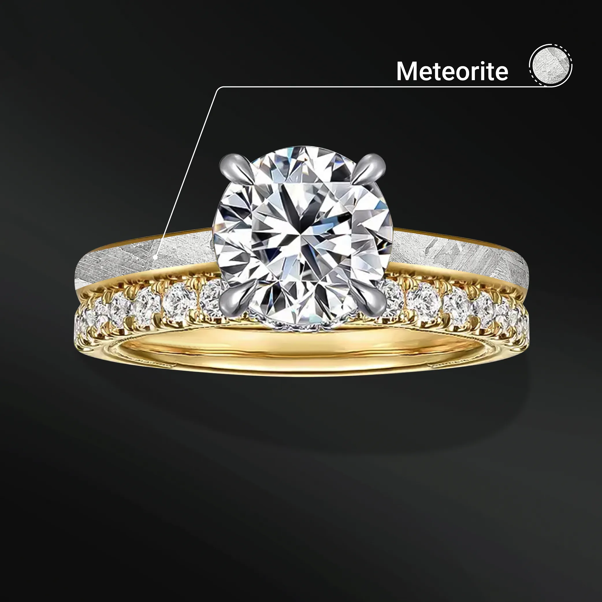 Eternal Orbit - Meteorite & Moissanite Engagement Ring Set | 14K Gold or Sterling silver, Cosmic Elegance with 1.3 carat D-Color VVS1 Stones