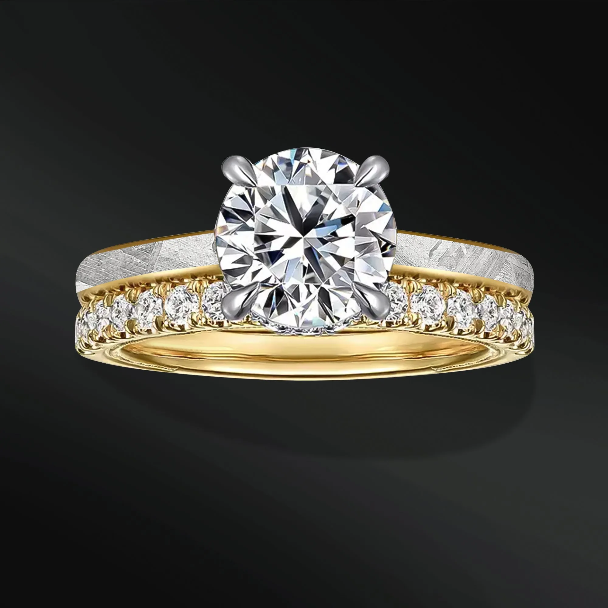 Eternal Orbit - Meteorite & Moissanite Engagement Ring Set | 14K Gold or Sterling silver, Cosmic Elegance with 1.3 carat D-Color VVS1 Stones