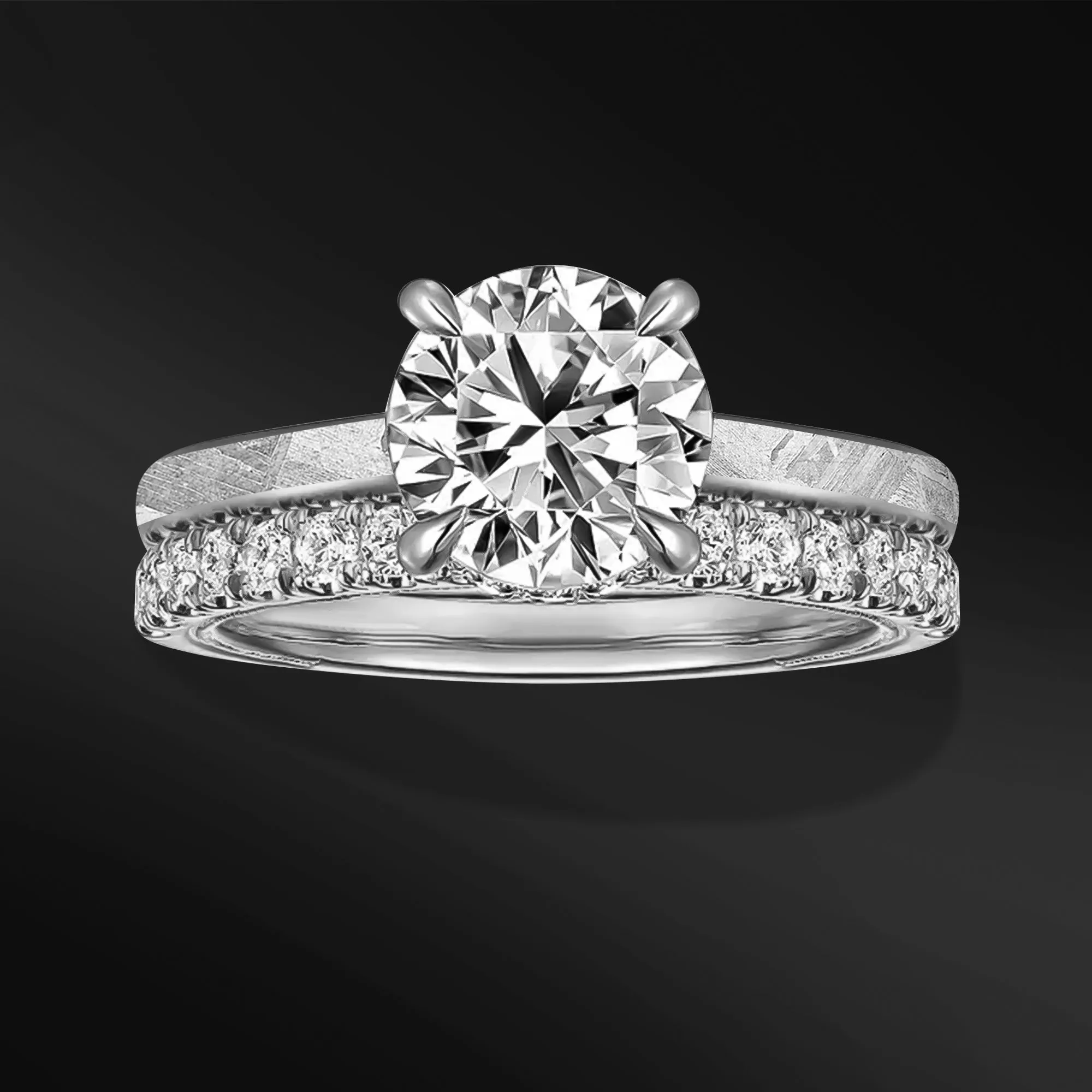 Eternal Orbit - Meteorite & Moissanite Engagement Ring Set | 14K Gold or Sterling silver, Cosmic Elegance with 1.3 carat D-Color VVS1 Stones