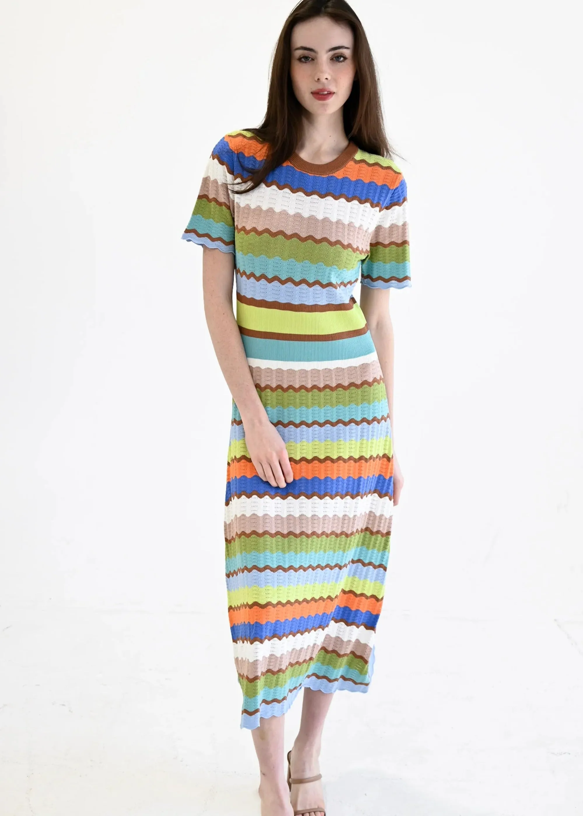 Eyelet Crochet Midi Dress In Multicolor Wave knit