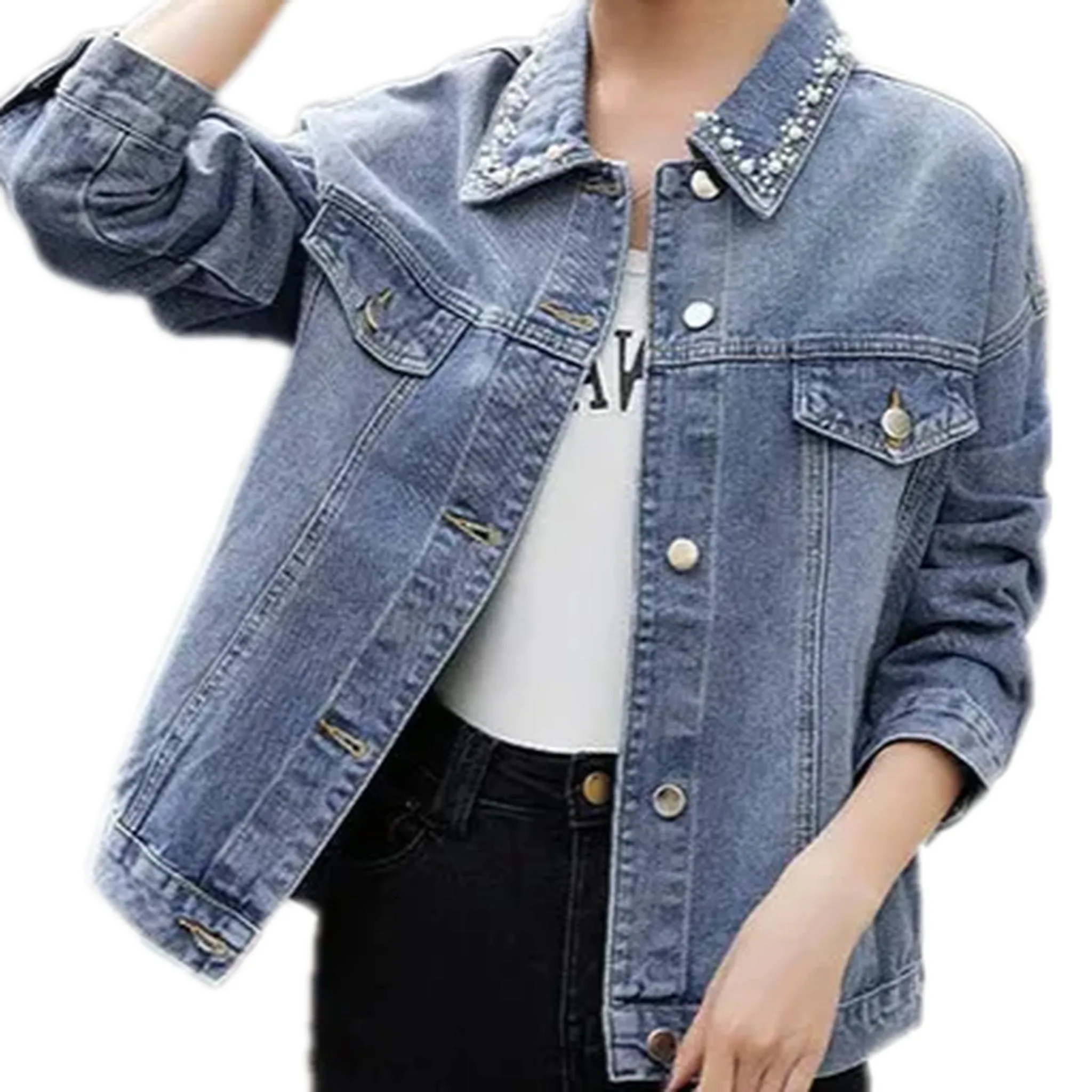 Fashion oversized beaded women's denim jacket