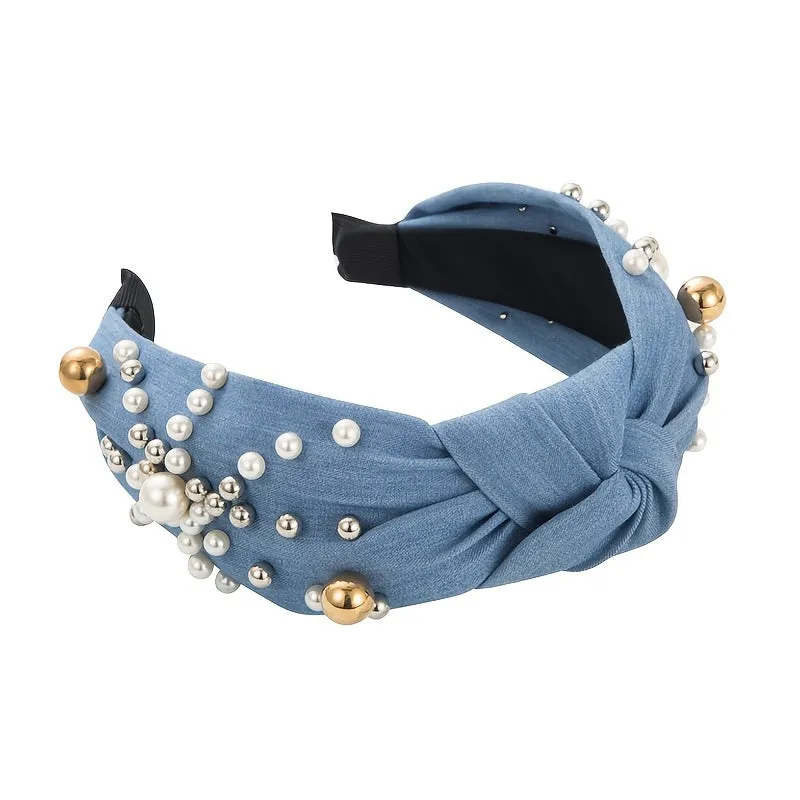 Fashionable Denim Headband with Faux Pearls and Wide Beads Bow