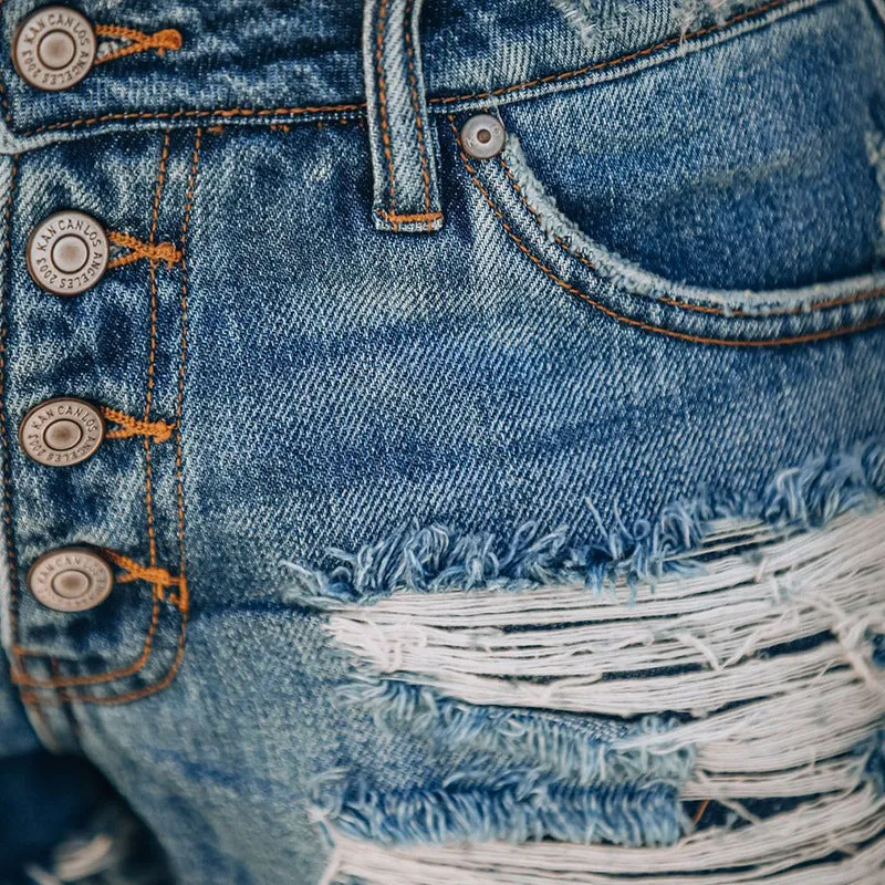 Fashionable Women's Mid Waisted Ripped Patchwork Denim Shorts