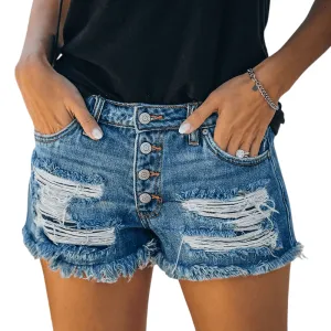 Fashionable Women's Mid Waisted Ripped Patchwork Denim Shorts