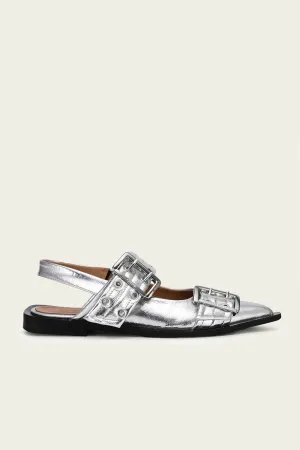 Feminine Buckle Ballerina Metallic Sandal in Silver