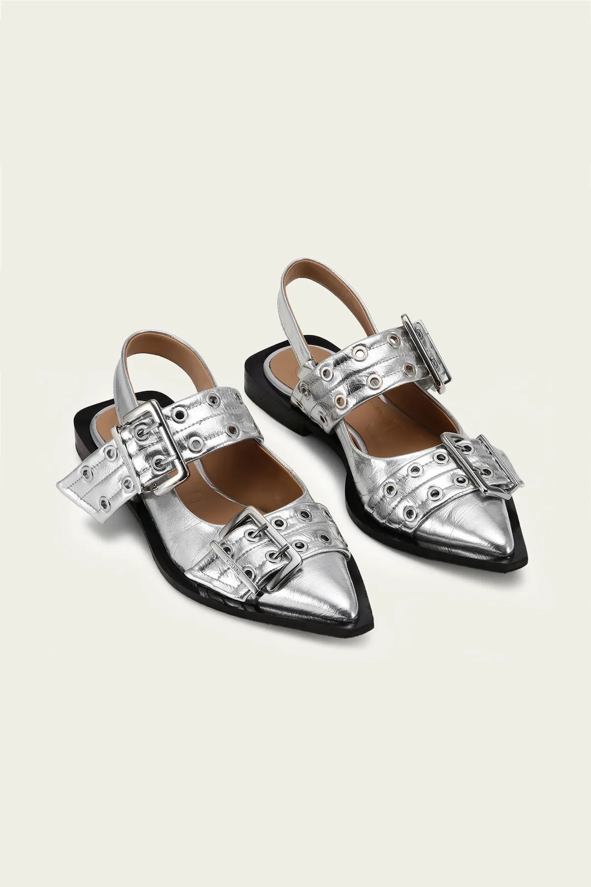 Feminine Buckle Ballerina Metallic Sandal in Silver