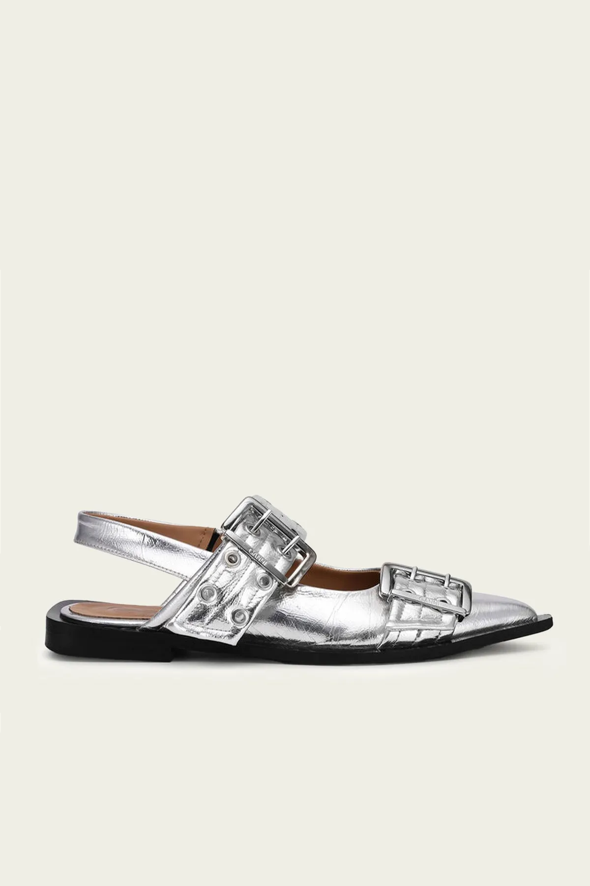 Feminine Buckle Ballerina Metallic Sandal in Silver