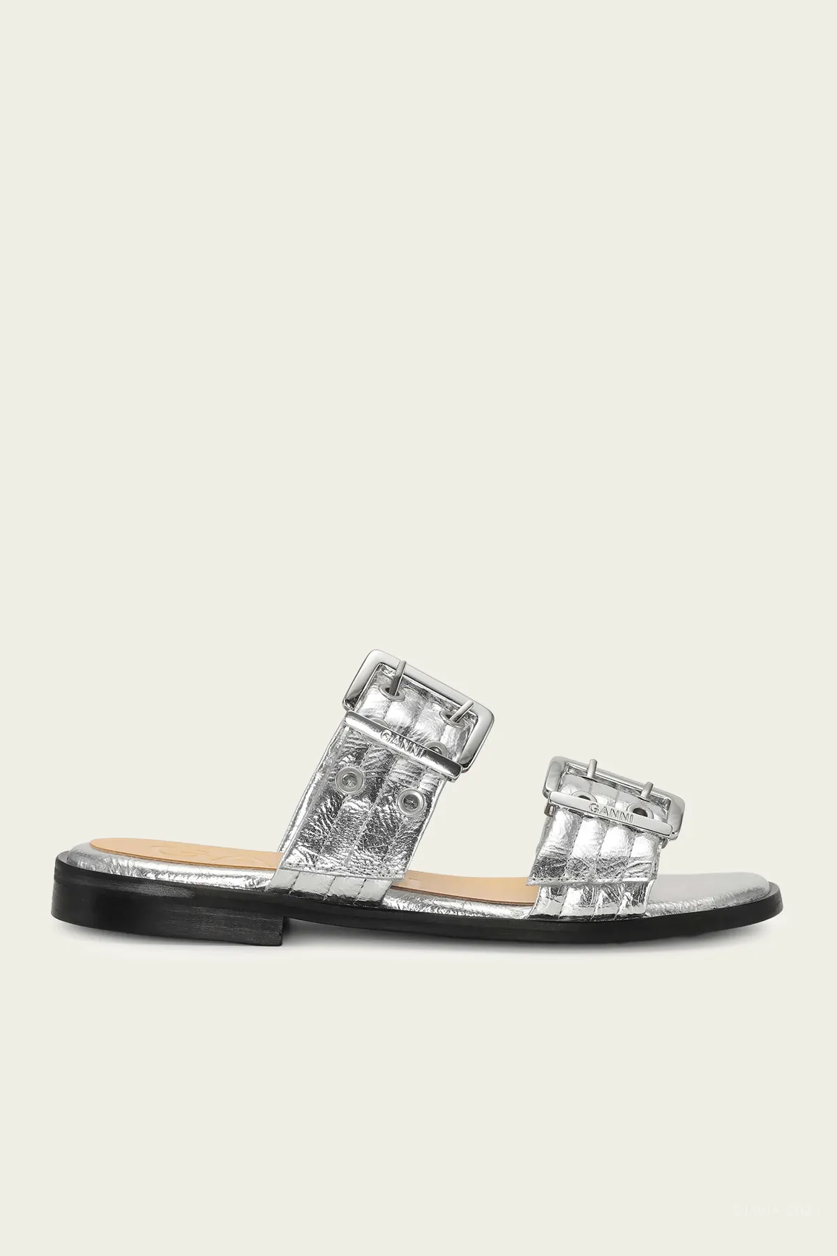 Feminine Buckle Two Strap Metallic Sandal in Silver