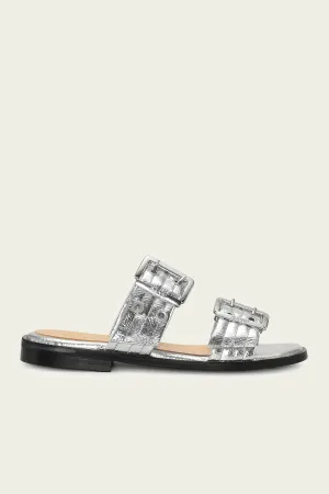 Feminine Buckle Two Strap Metallic Sandal in Silver