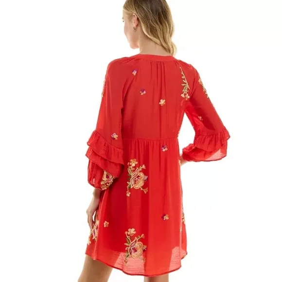 Figueroa &amp; Flower V Neck Embroidered Button Front Dress Sz L #New