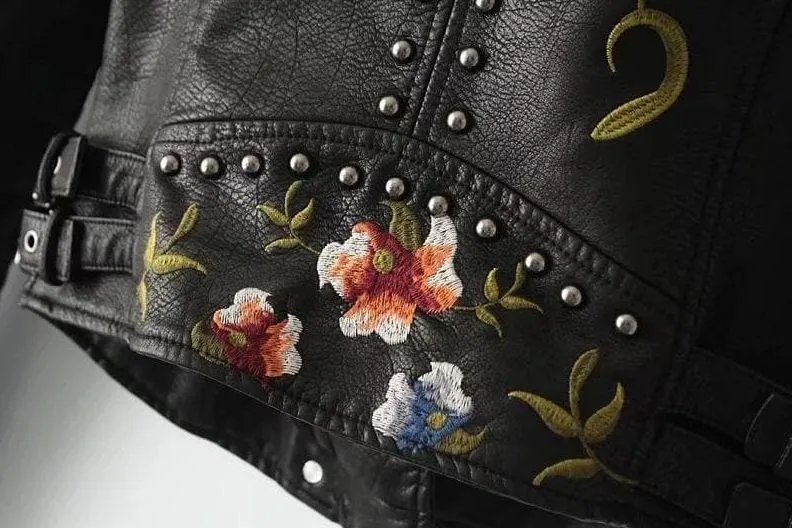 Floral Luxe™ | Women's Casual Leather Jacket | Genuine Leather, Floral Embroidery, Stylish Fit