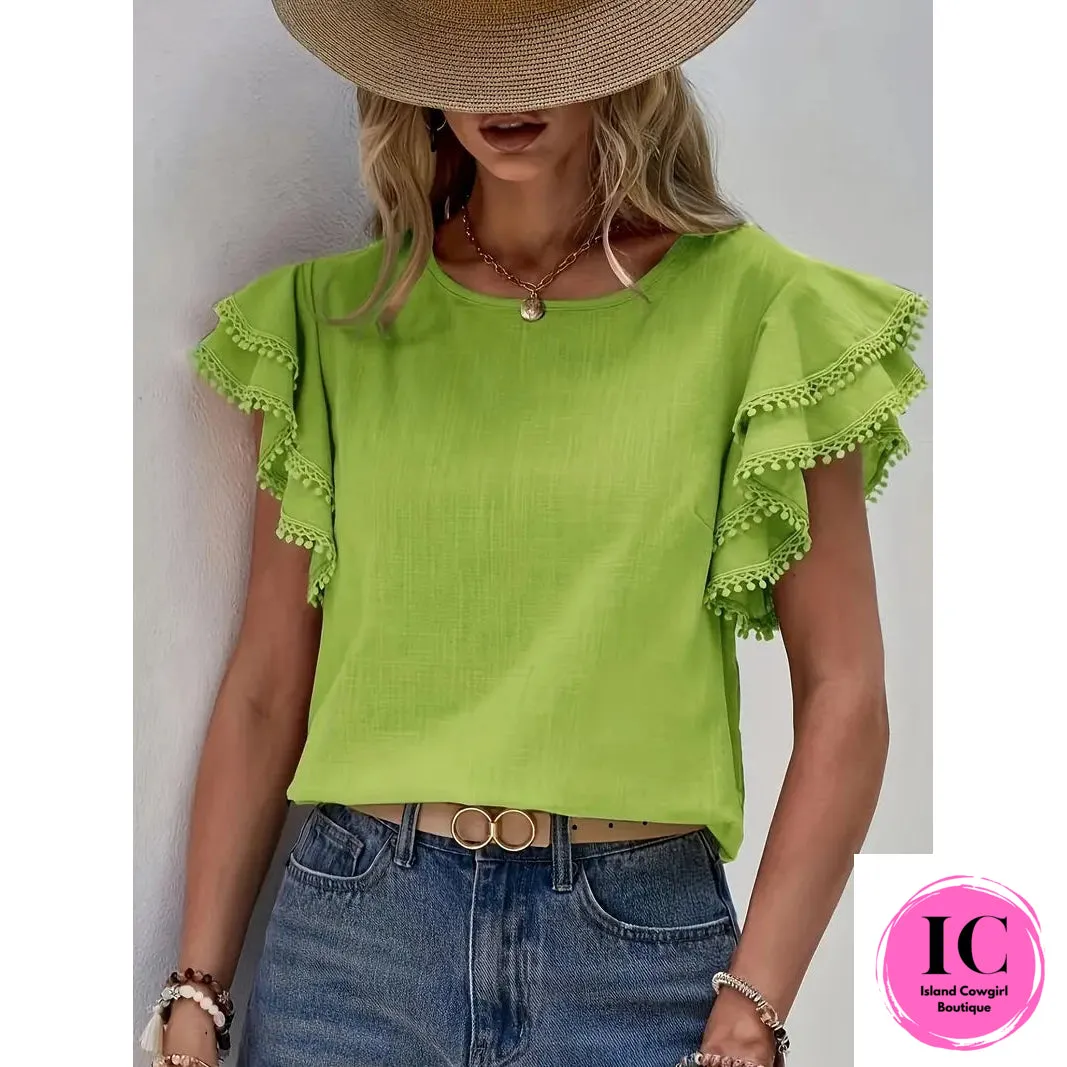 Glad To See You Lime Ruffled Blouse