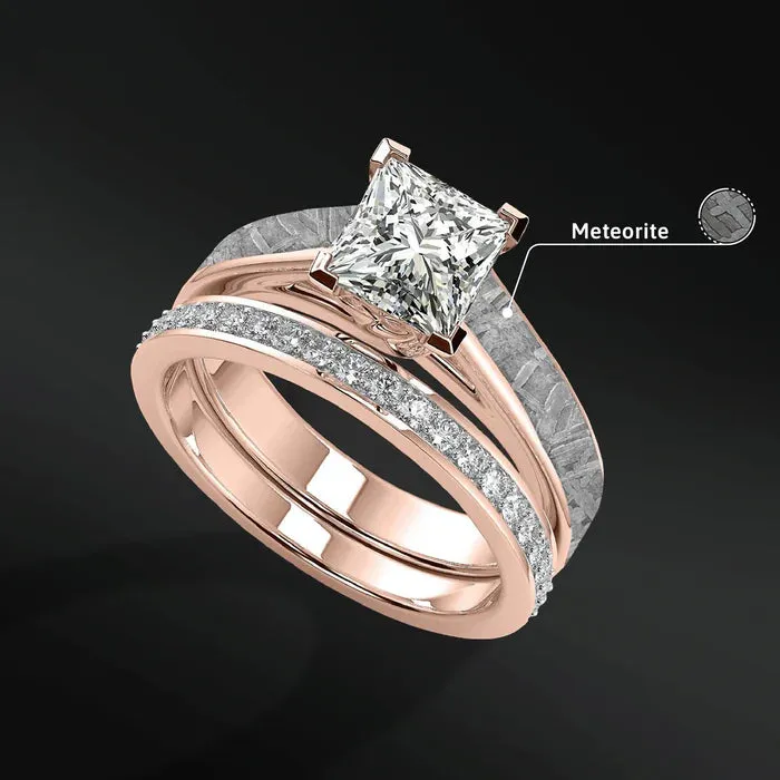Golden Skyfall Set - 14K Gold OR Sterling Silver Ring Set for Women | 1.24 CT Certified Moissanite Engagement Ring | Muonionalusta Meteorite | D -color and VVS1 Clarity