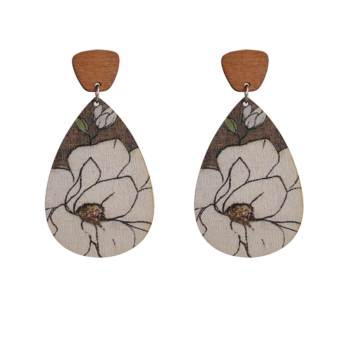 Gray & White Floral Wood Drop Earrings