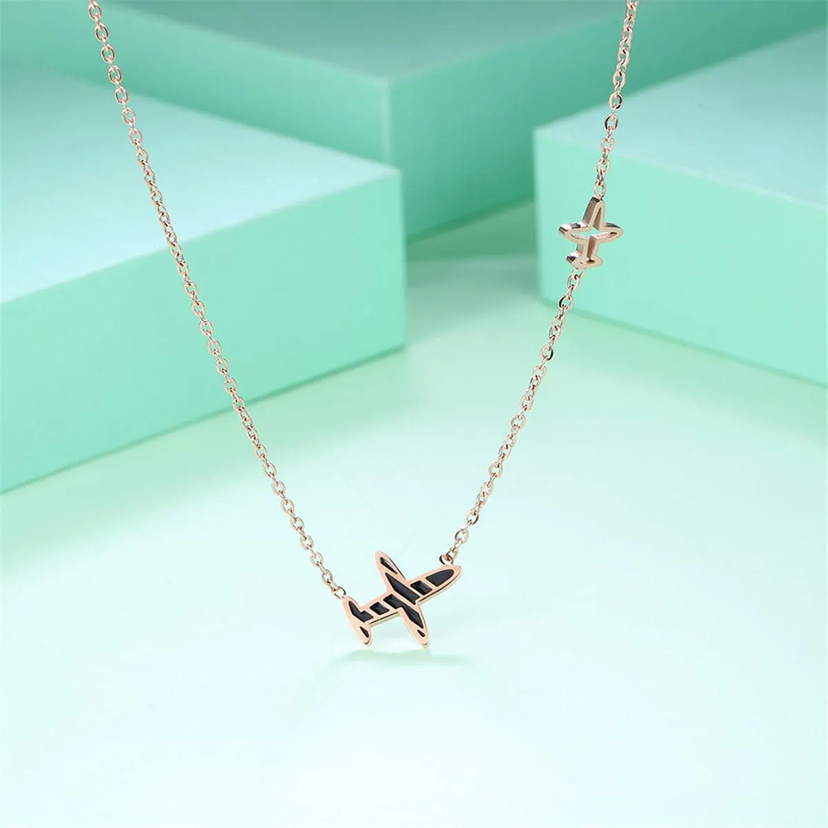 Gray Enamel & 18K Rose Gold-Plated Airplane Pendant Necklace