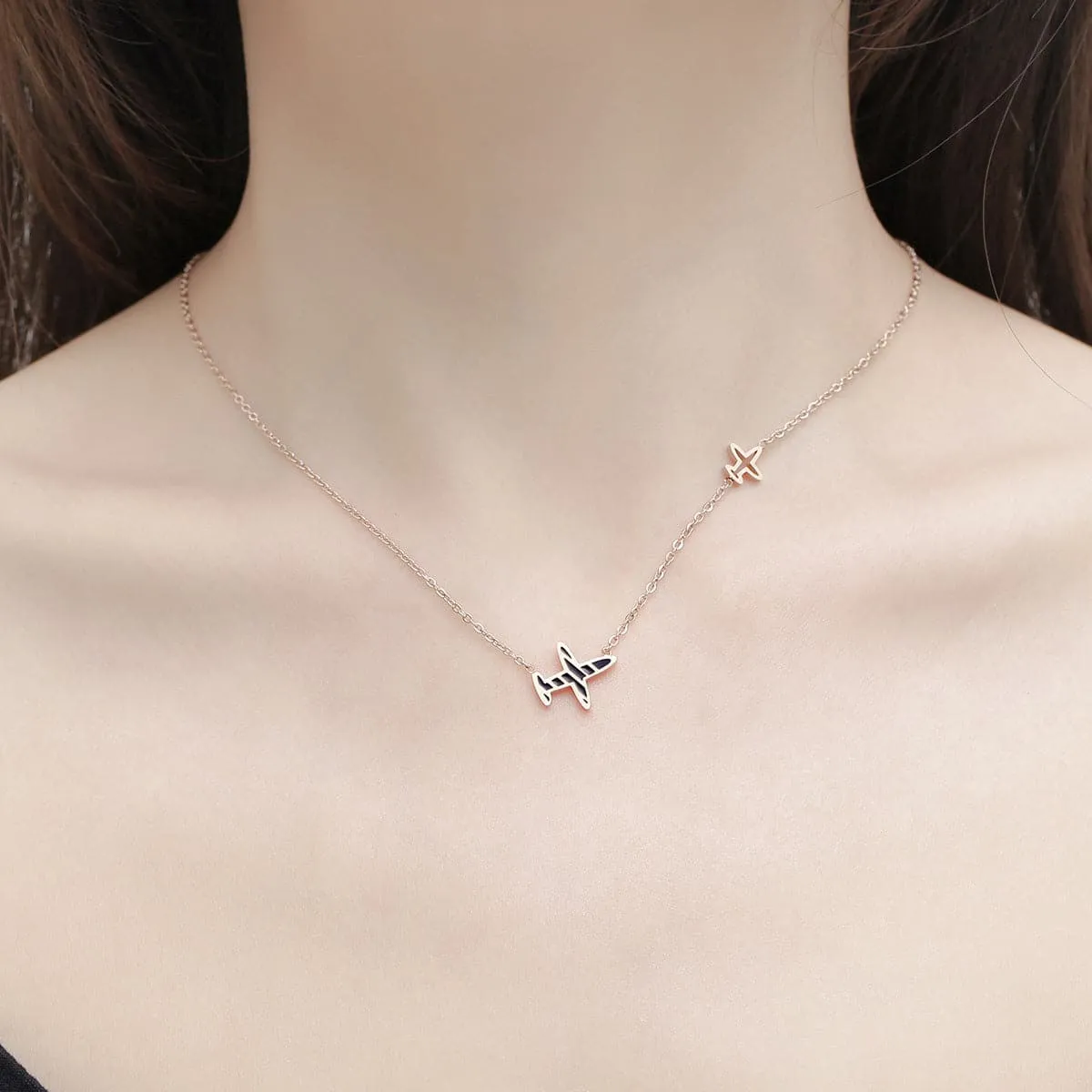 Gray Enamel & 18K Rose Gold-Plated Airplane Pendant Necklace