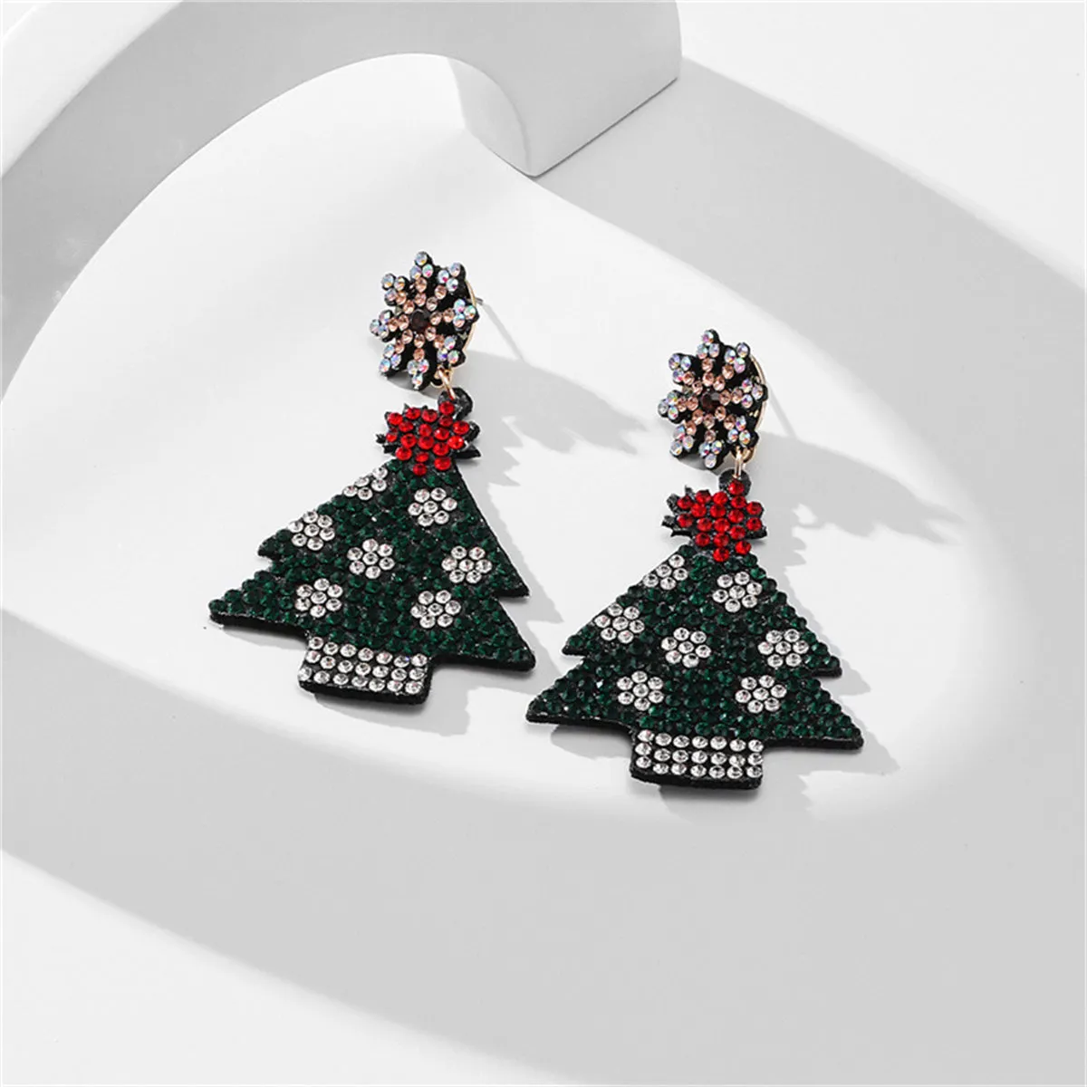 Green & Red Cubic Zirconia Christmas Tree Drop Earrings