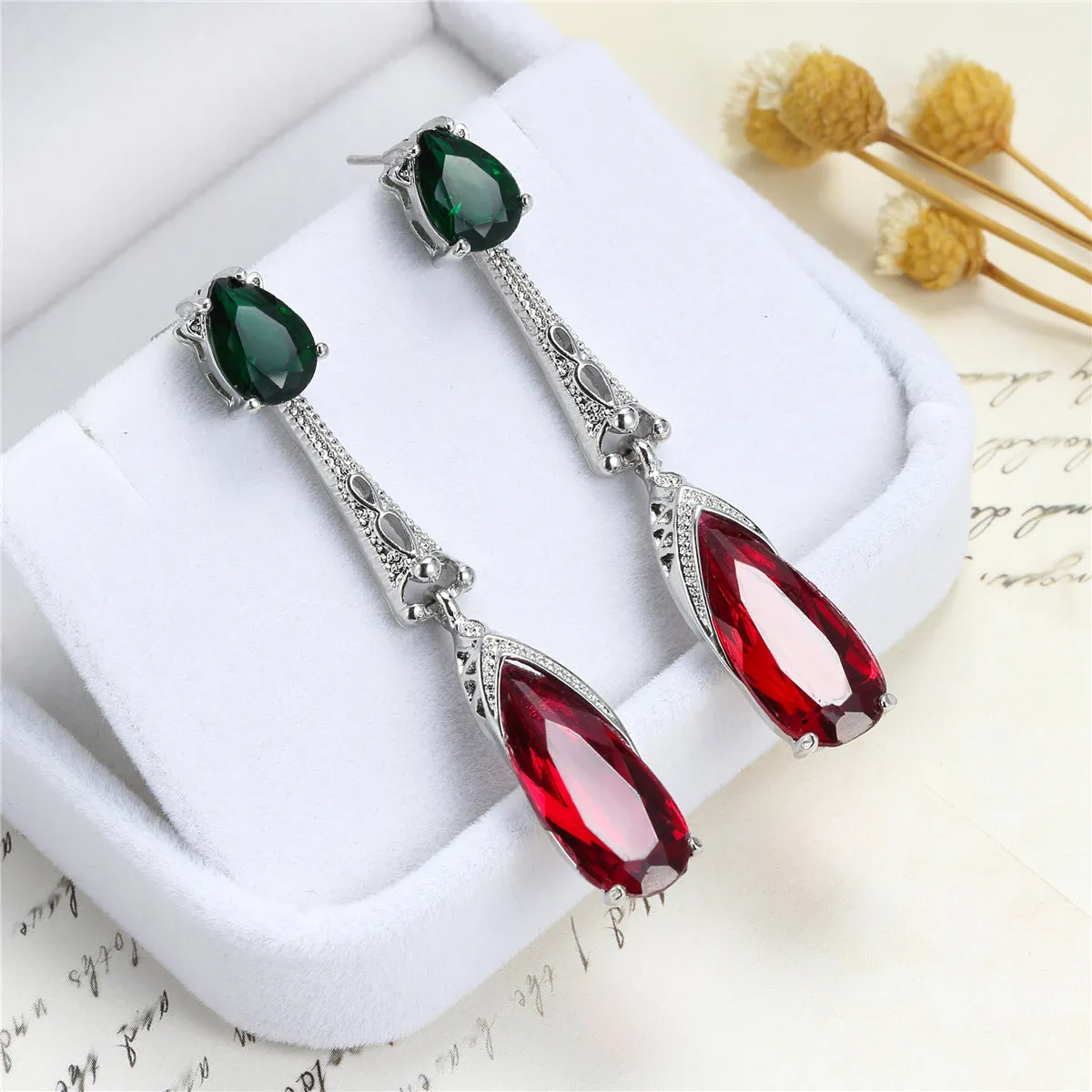 Green & Rose Crystal Drop Earrings