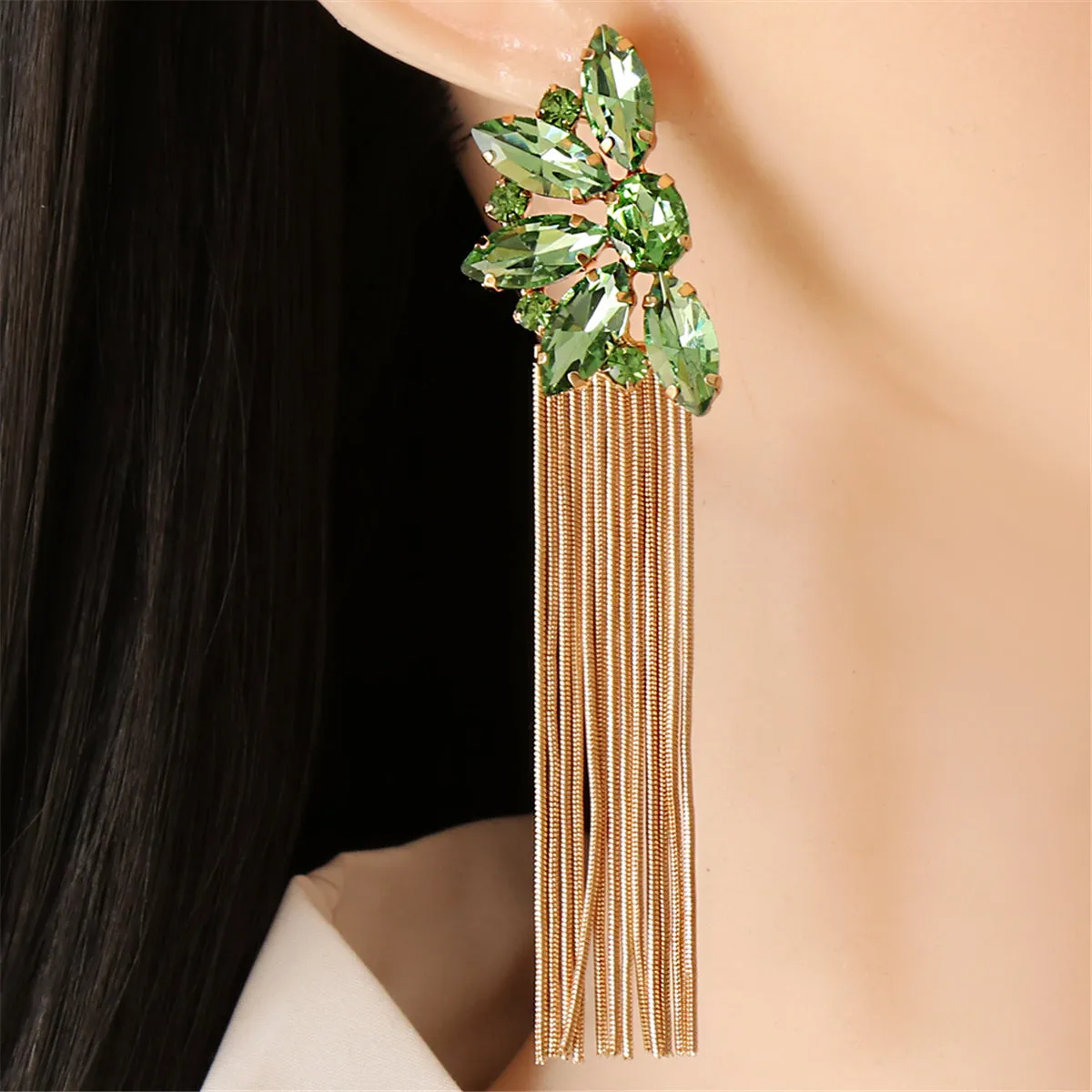 Green Crystal & 18K Gold-Plated Botany Tassel Drop Earrings