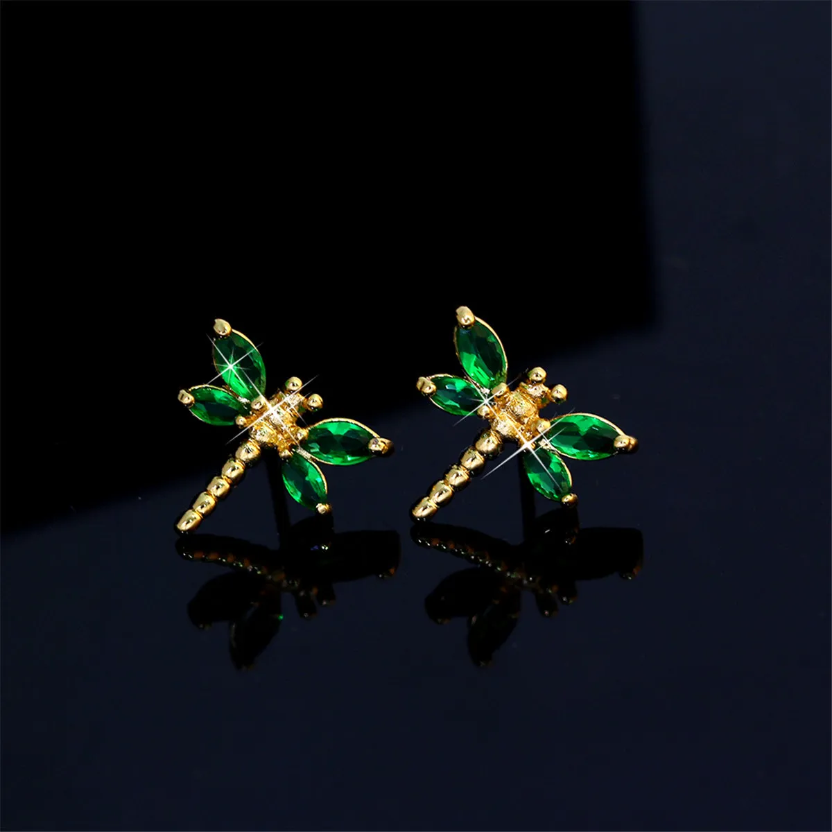 Green Crystal & 18K Gold-Plated Dragonfly Stud Earrings