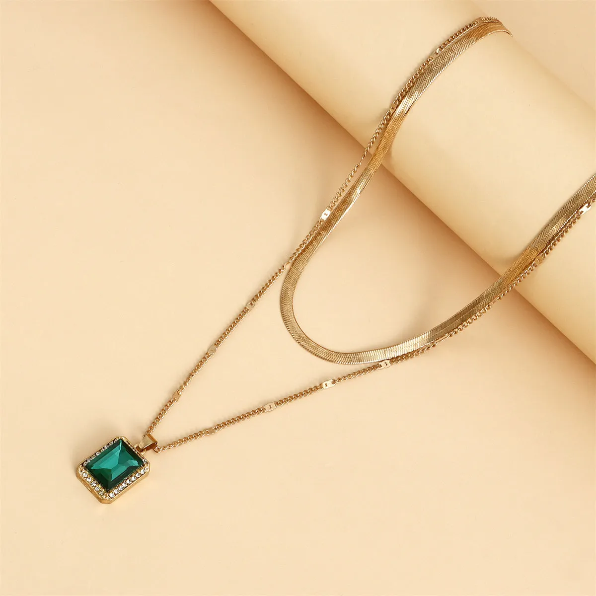 Green Crystal & 18K Gold-Plated Rectangle Layered Pendant Necklace