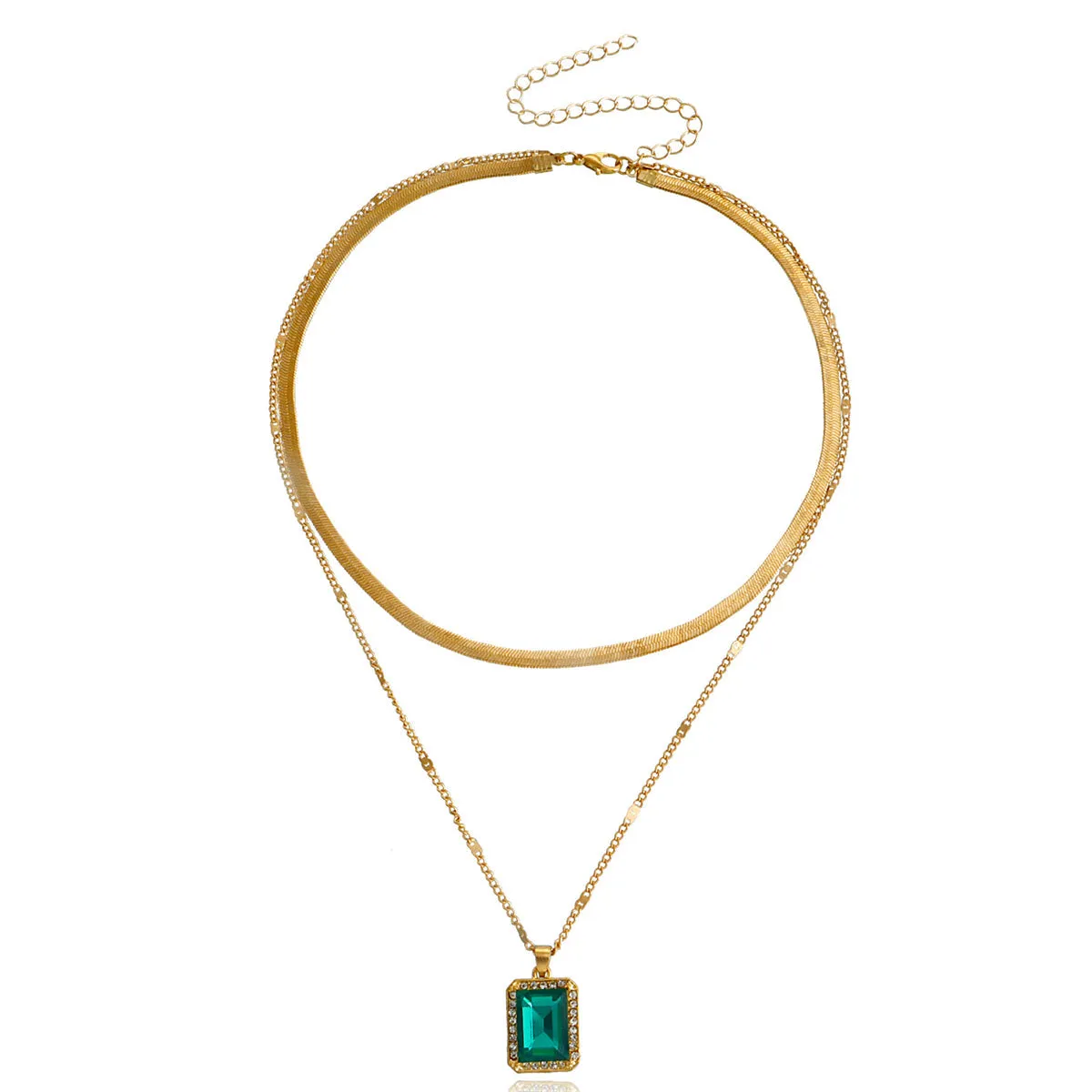 Green Crystal & 18K Gold-Plated Rectangle Layered Pendant Necklace