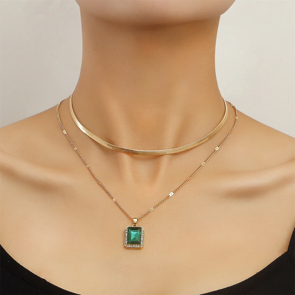 Green Crystal & 18K Gold-Plated Rectangle Layered Pendant Necklace