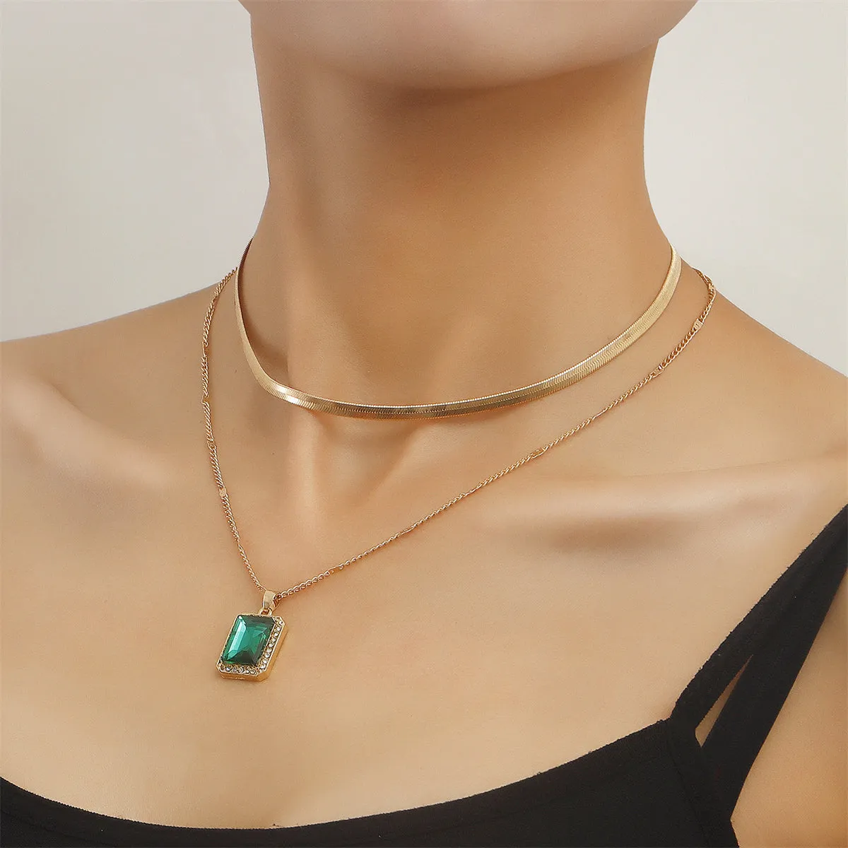 Green Crystal & 18K Gold-Plated Rectangle Layered Pendant Necklace