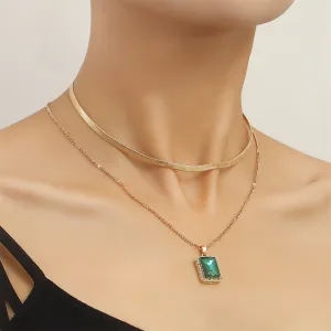 Green Crystal & 18K Gold-Plated Rectangle Layered Pendant Necklace