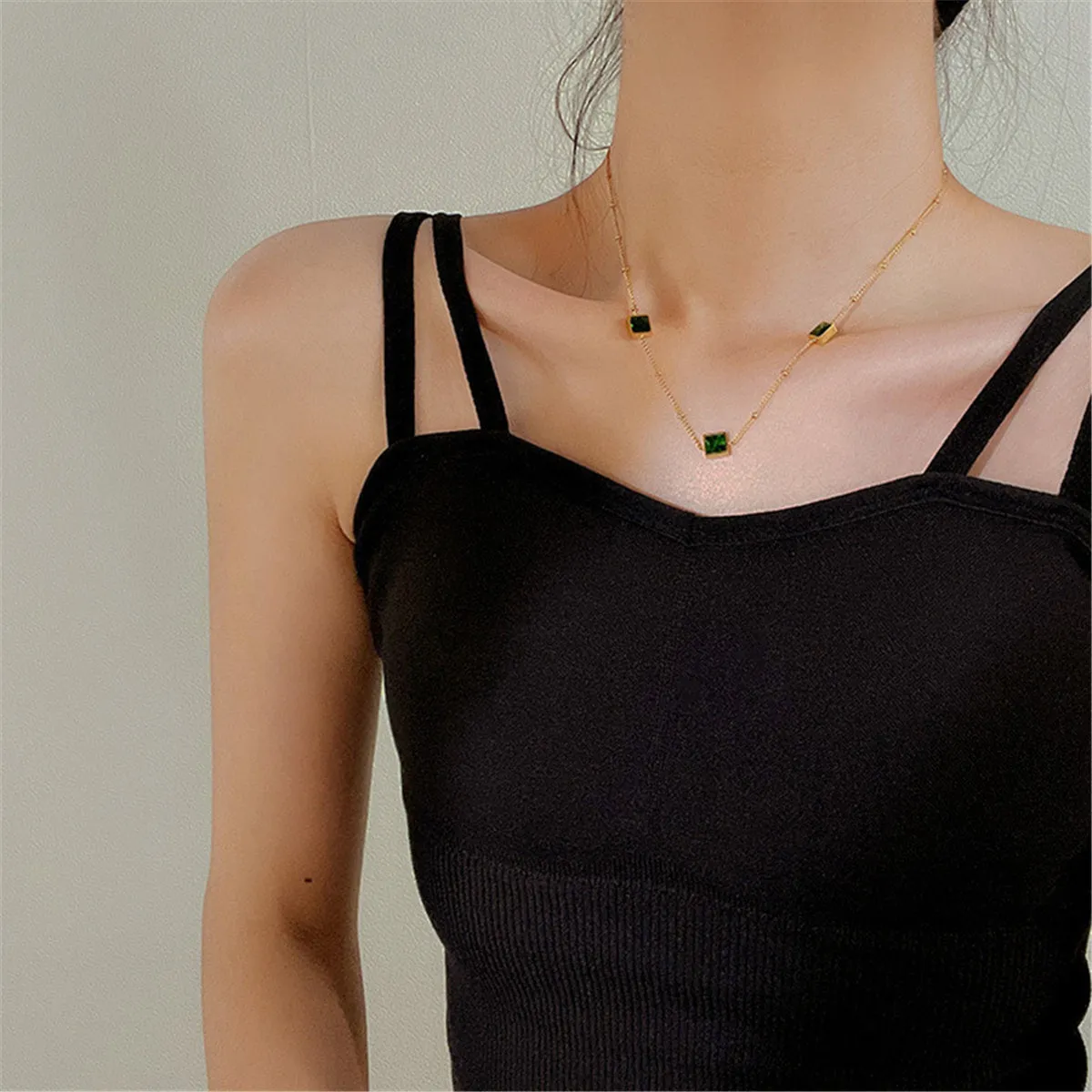 Green Crystal & 18K Gold-Plated Square Station Necklace
