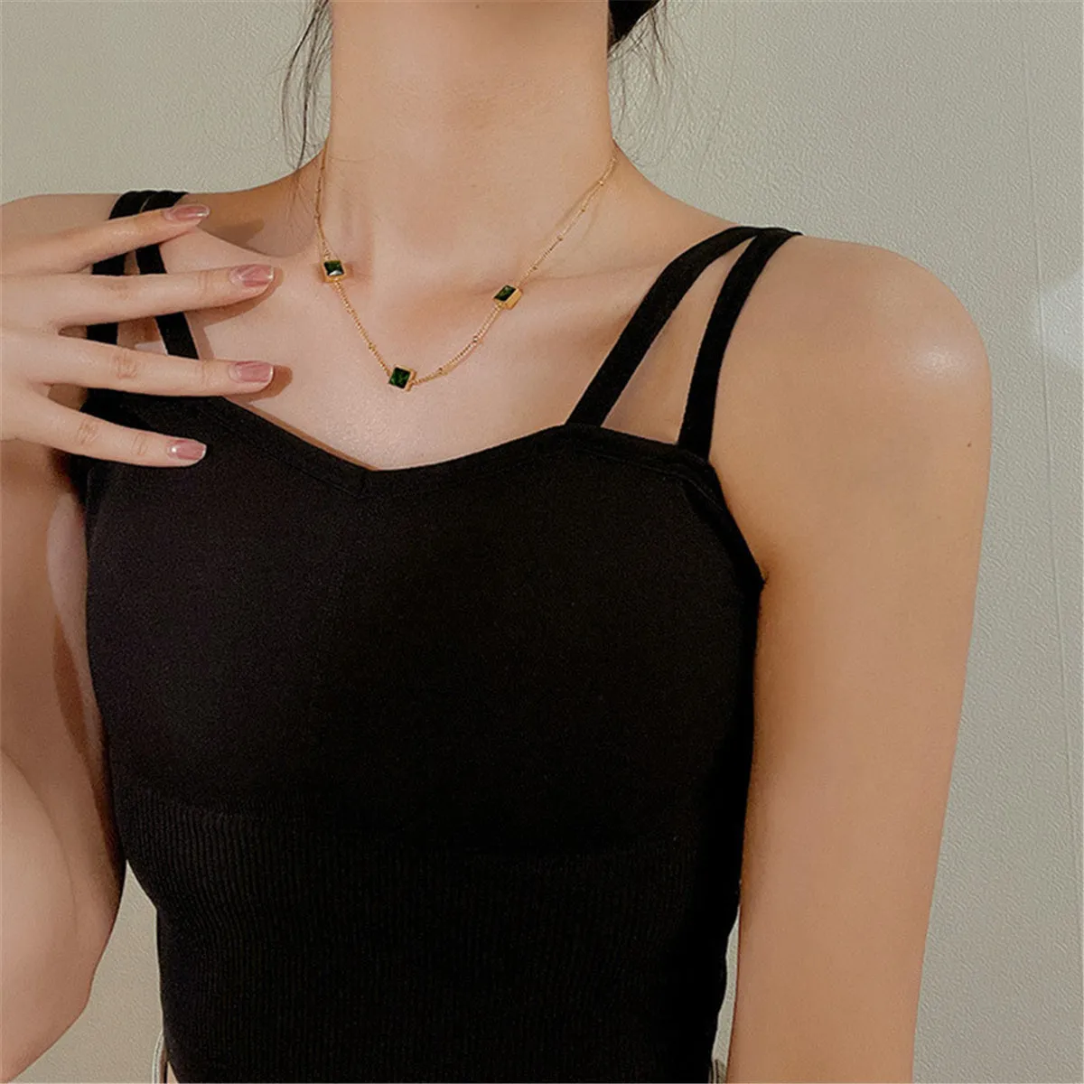 Green Crystal & 18K Gold-Plated Square Station Necklace
