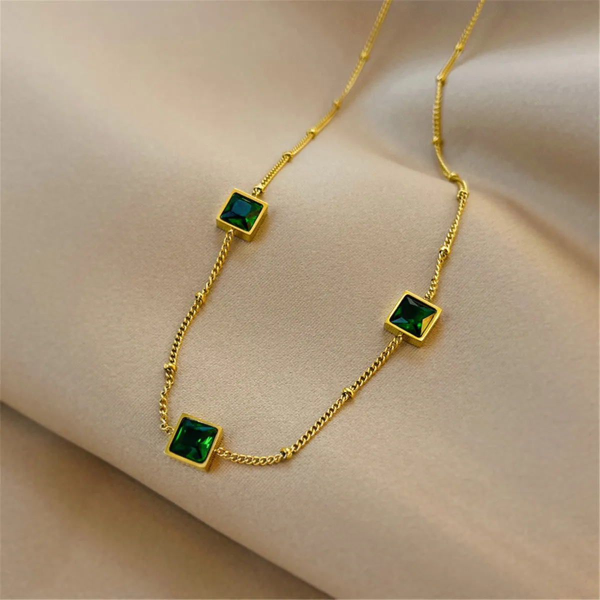 Green Crystal & 18K Gold-Plated Square Station Necklace
