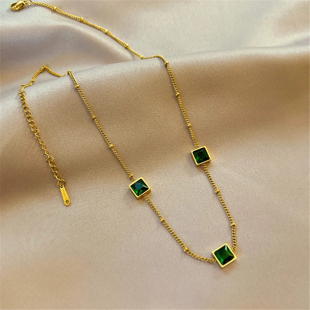 Green Crystal & 18K Gold-Plated Square Station Necklace