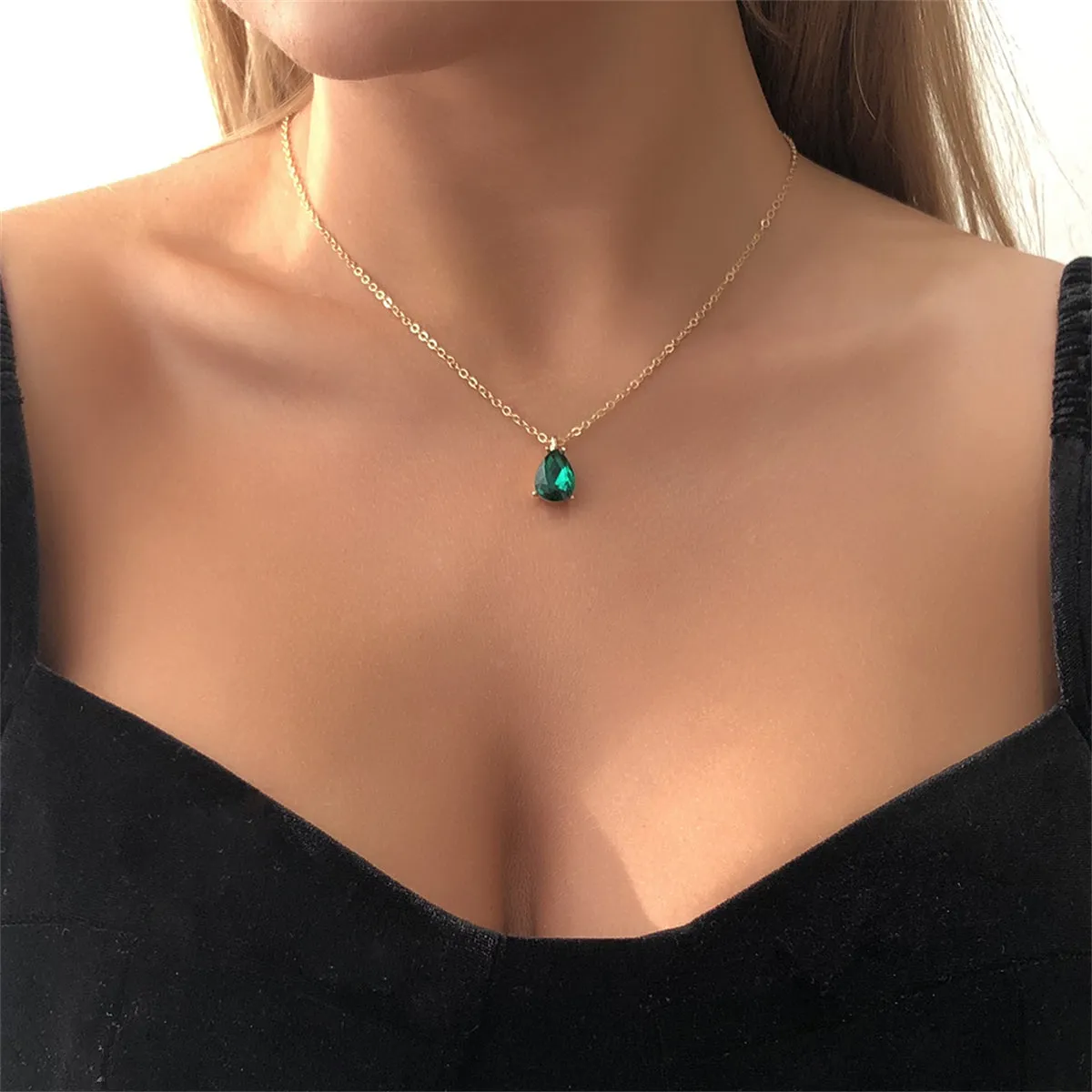Green Crystal & 18K Gold-Plated Teardrop Pendant Necklace