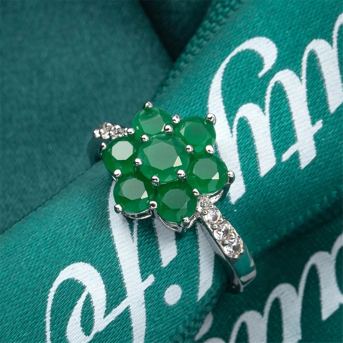 Green Crystal & Cubic Zirconia Flower Ring
