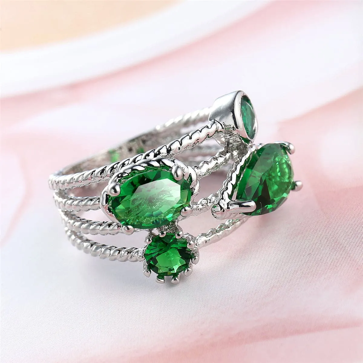 Green Crystal & Cubic Zirconia Layered Band Ring