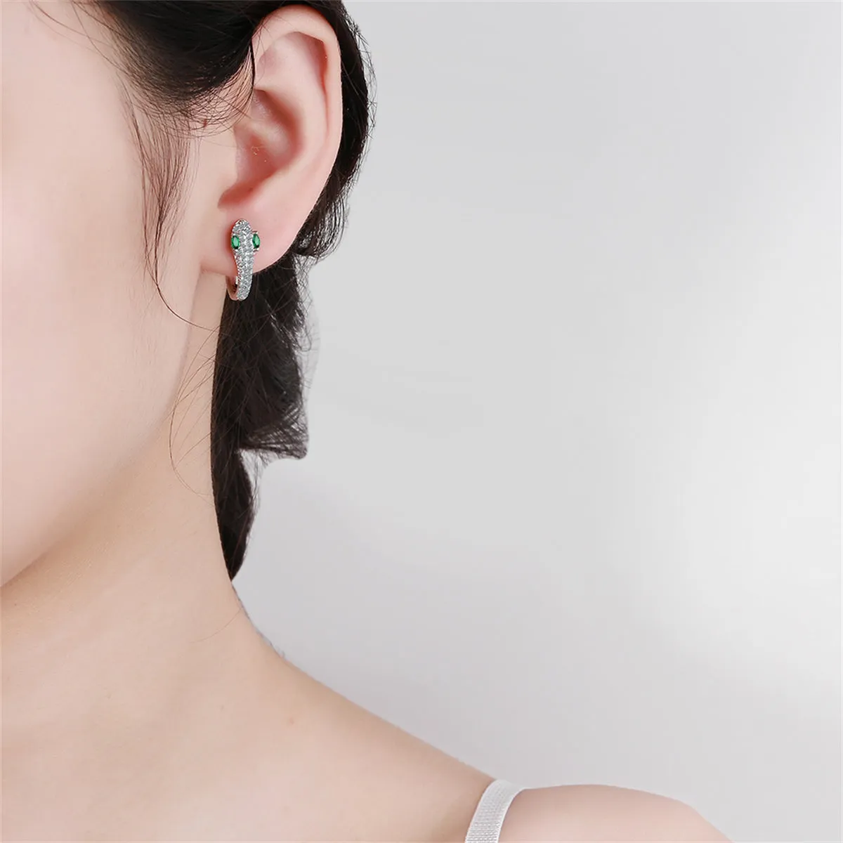 Green Crystal & Cubic Zirconia Silver-Plated Snake Huggie Earrings