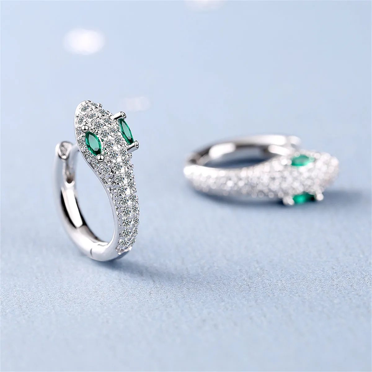 Green Crystal & Cubic Zirconia Silver-Plated Snake Huggie Earrings