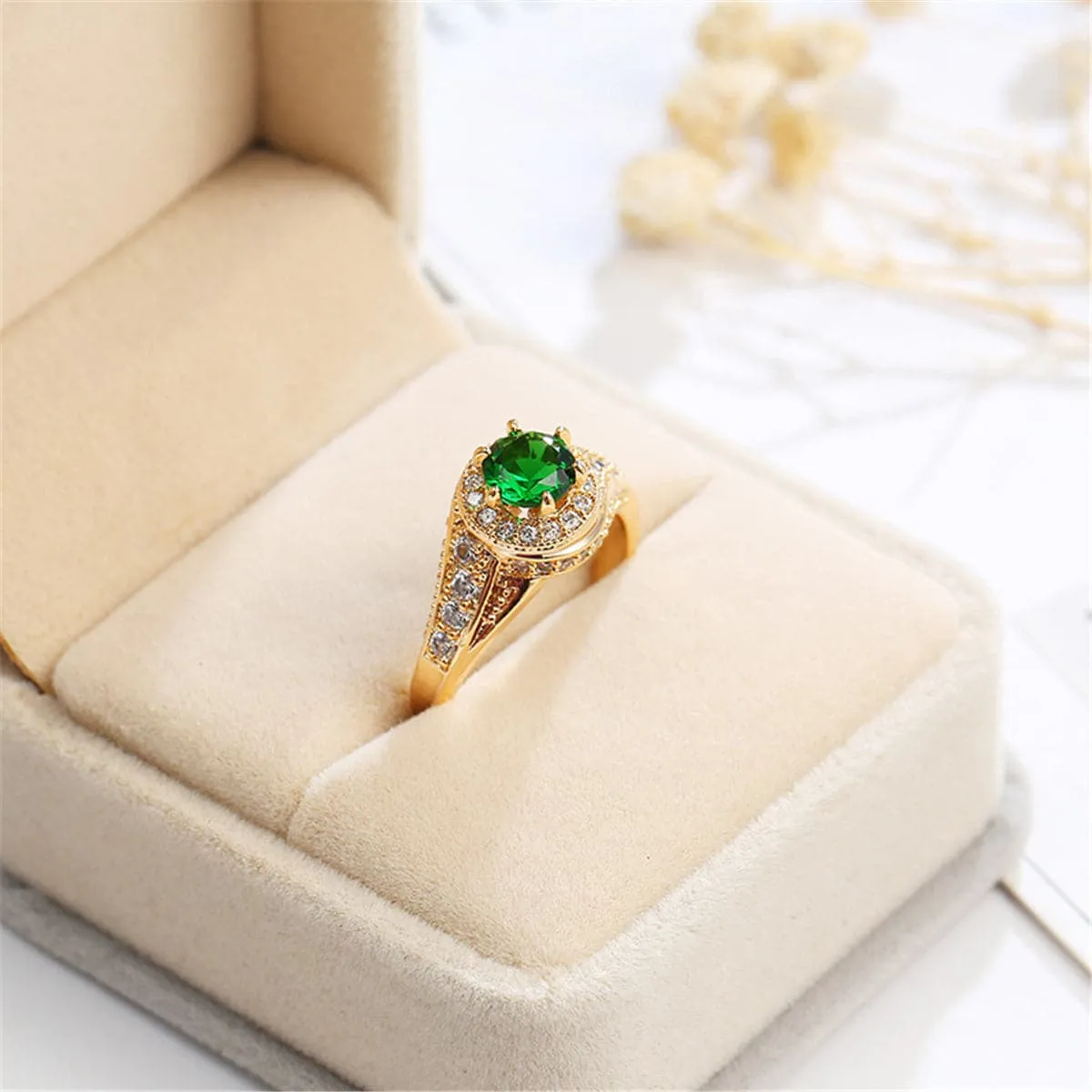Green Crystal & Cubic Zirconia Twist Halo Ring