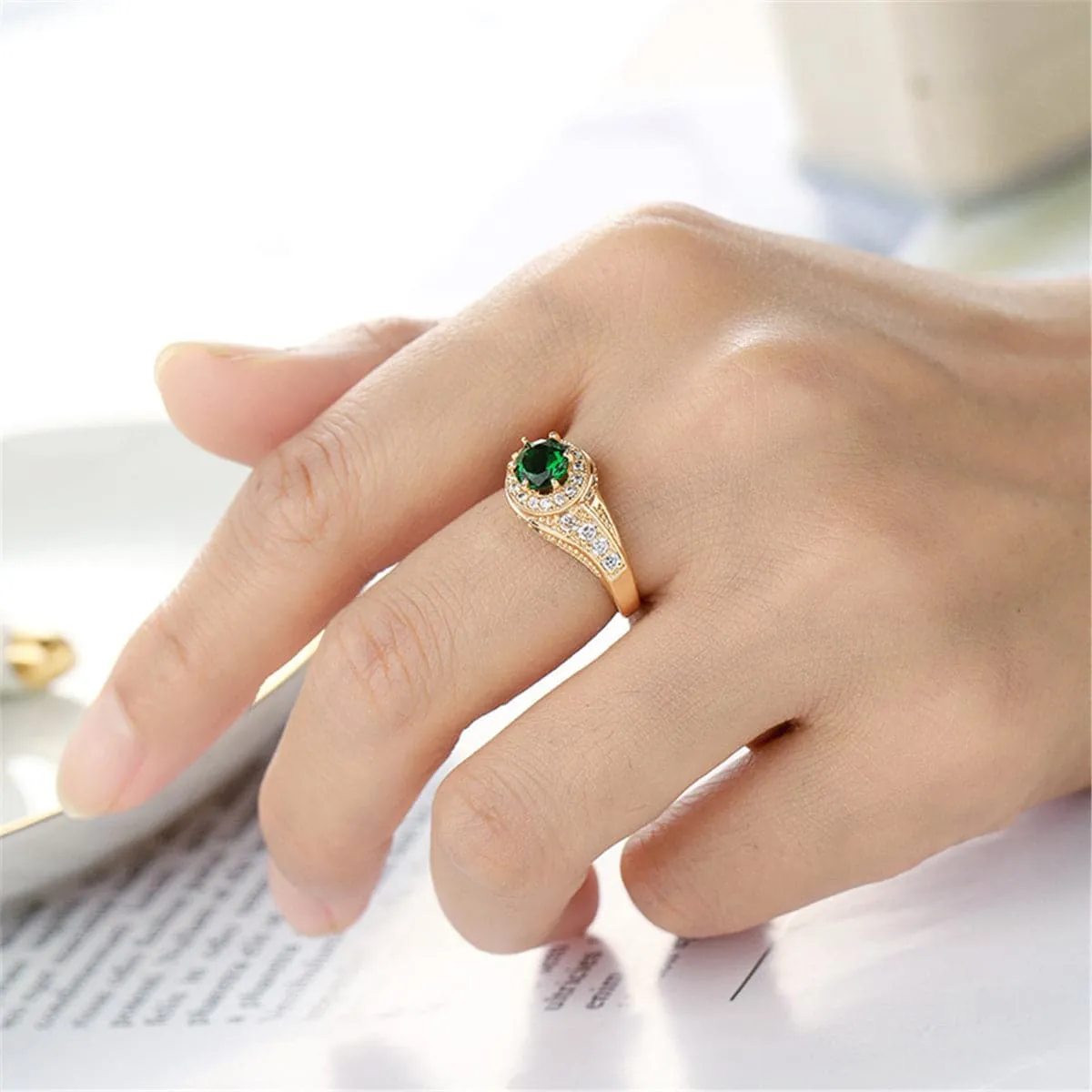 Green Crystal & Cubic Zirconia Twist Halo Ring