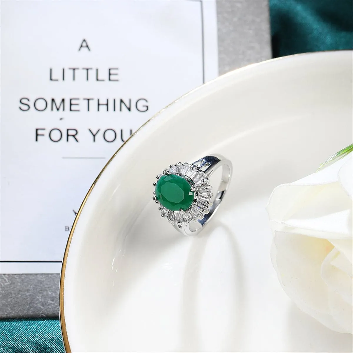 Green Crystal & Silver-Plated Botany Ring