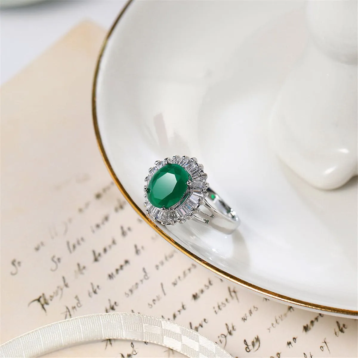 Green Crystal & Silver-Plated Botany Ring