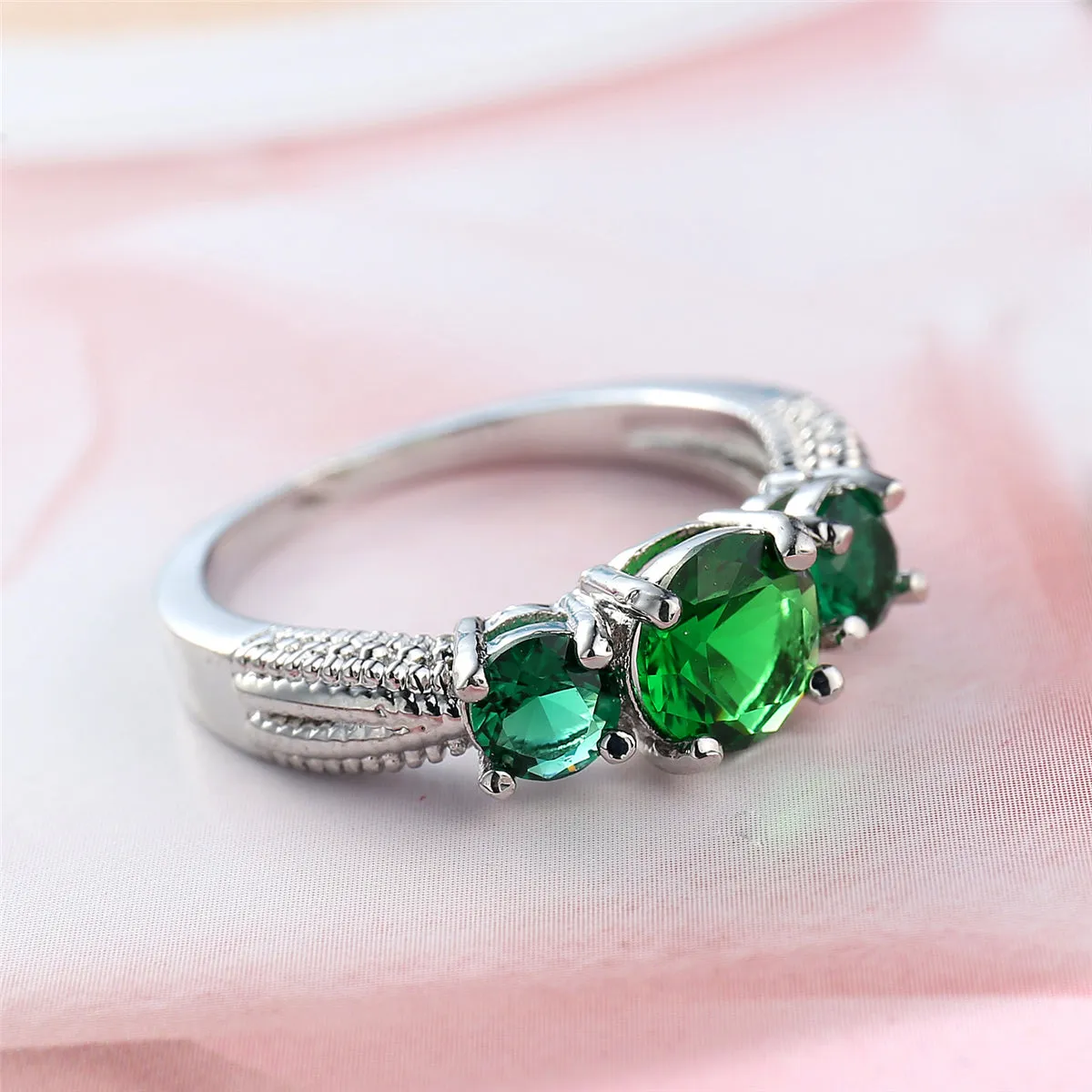 Green Crystal & Silver-Plated Oval Prong Ring